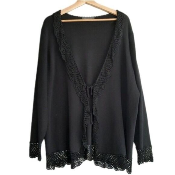 ADDITION ELLE Fine Knit Open Front w/ Tie Cardigan Lace Hem Black Sz 2X - Picture 1 of 13